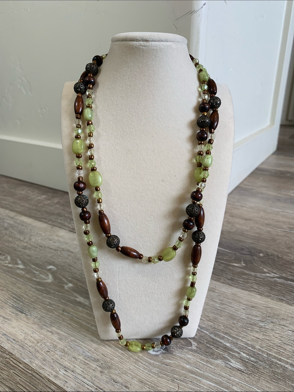 Boho Style Green and Brown Beaded Long Necklace
